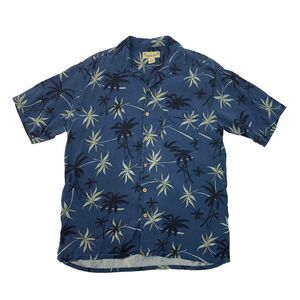 Paradise Coves Silk Shirt Mens L Large Blue Palm Tree Short Sleeve Button Up